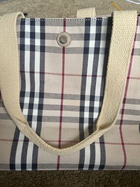 Beige Plaid Canvas Duffel with Navy and Burgundy Accent